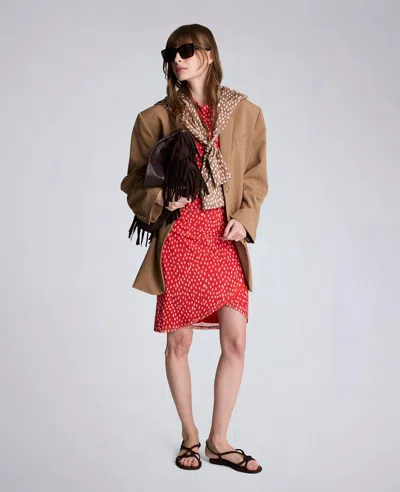 Kenneth Cole Polka Dot Mesh Side Rouched Faux Wrap Dress In Red