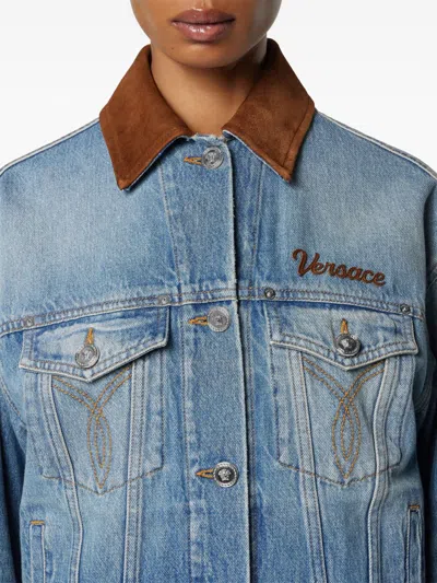 Versace Cotton Denim Jacket Long Sleeves Contrast Collar In Blue
