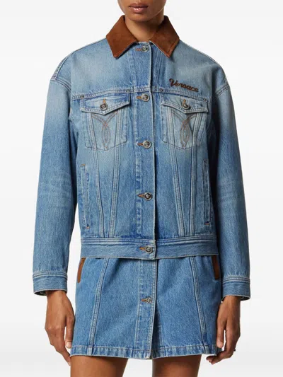 Versace Cotton Denim Jacket Long Sleeves Contrast Collar In Blue