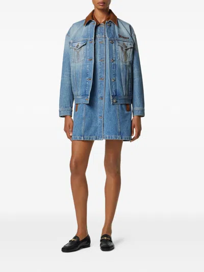 Versace Cotton Denim Jacket Long Sleeves Contrast Collar In Blue