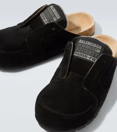 Balenciaga Dumbo Sabot In Distressed Suede Calfskin Men In Black