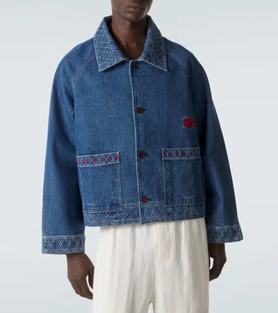 Bode Embroidered Merino Wool-blend Denim Jacket In Blue