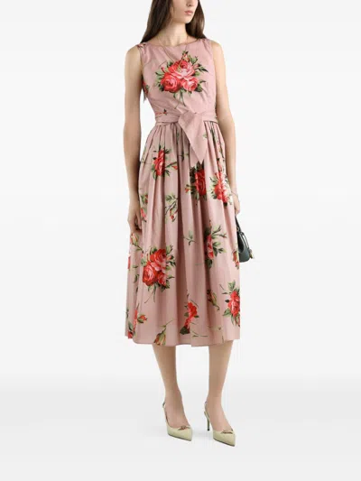 Dolce & Gabbana Abito Midi In Cotone Rosa Con Stampa Fiori Dolce E Gabbana In Pink