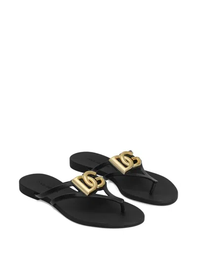Dolce & Gabbana Black Thong Sandals With Logo Plaque On The Front In Rubber Woman