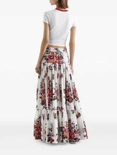 Dolce & Gabbana White Long Skirt With Floral Print And Elasticated Waistband In Cotton Woman In Multi