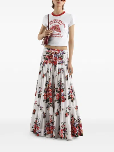 Dolce & Gabbana White Long Skirt With Floral Print And Elasticated Waistband In Cotton Woman In Multi