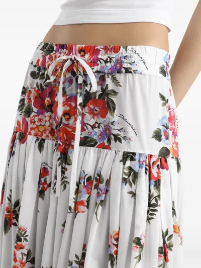Dolce & Gabbana White Long Skirt With Floral Print And Elasticated Waistband In Cotton Woman In Multi