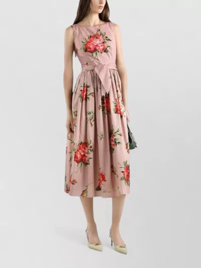 Dolce & Gabbana Abito Midi In Cotone Rosa Con Stampa Fiori Dolce E Gabbana In Pink