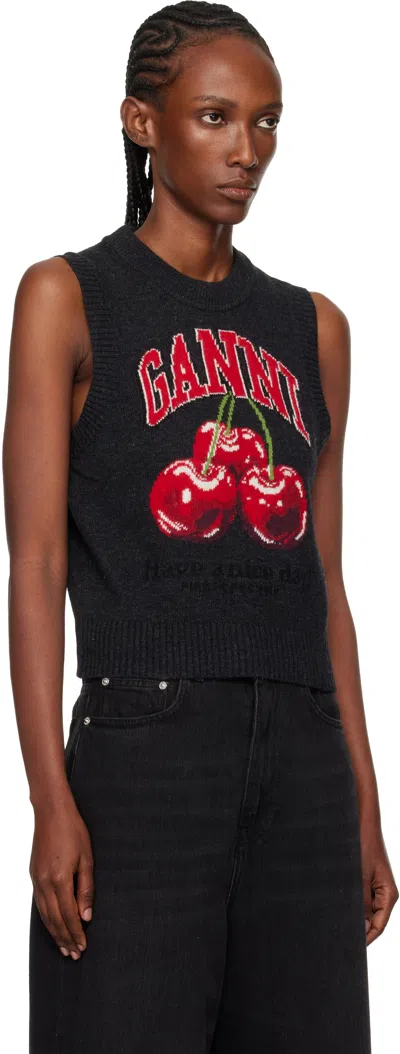 Ganni Sleeveless Intarsia Knit Crew Neck Top In Black