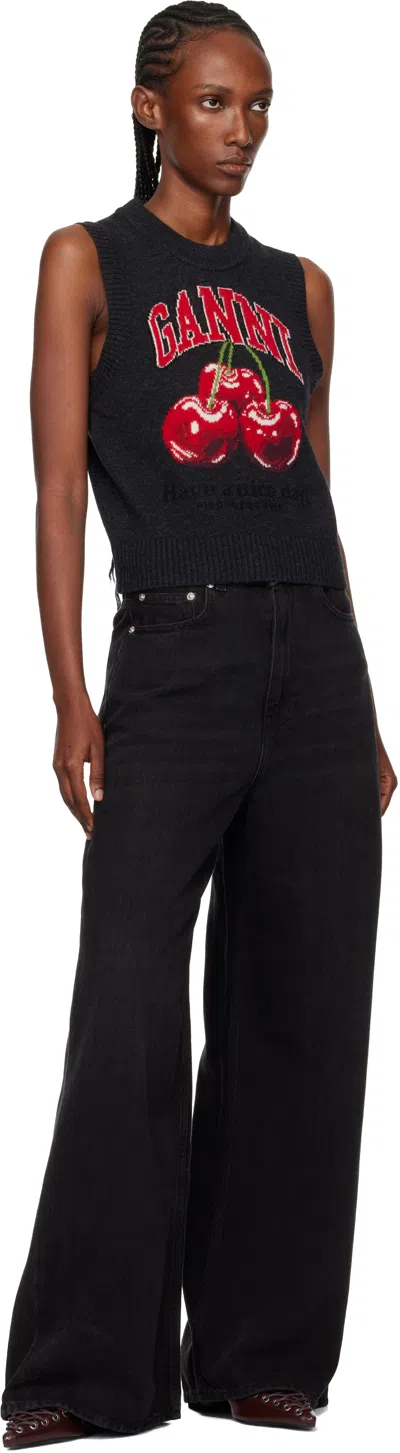 Ganni Sleeveless Intarsia Knit Crew Neck Top In Black