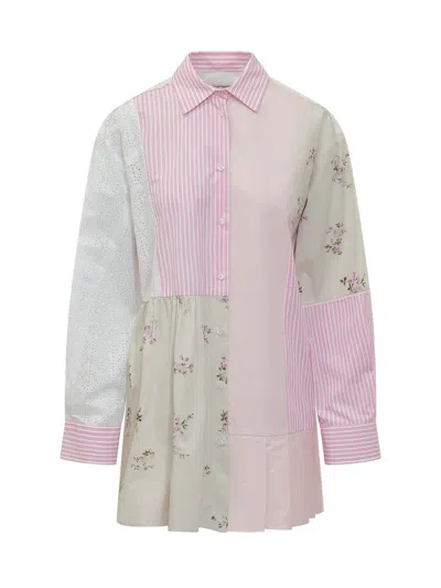 Msgm Multicolor Patchwork Shirt Collar Mini Dress In Pink