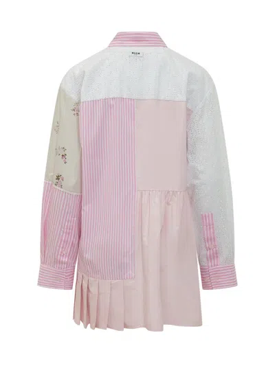 Msgm Multicolor Patchwork Shirt Collar Mini Dress In Pink
