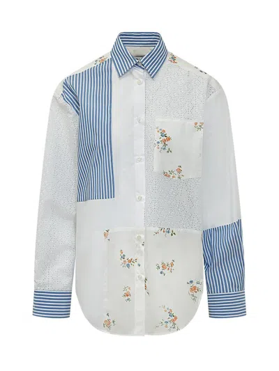 Msgm Floral Print Striped Pattern Button-up Shirt With Eyelet Detailing In White