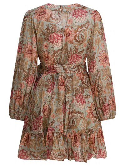 Zimmermann Daylight Mini Wrap Frill Dress Stamp Floral Sage In Brown