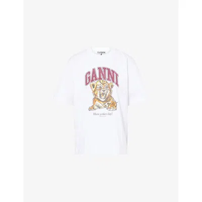 Ganni Womens Bright White Tiger-print Round-neck Cotton-jersey T-shirt Xl
