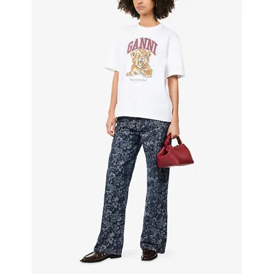 Ganni Womens Bright White Tiger-print Round-neck Cotton-jersey T-shirt Xl