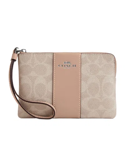 Coach Corner Zip Wristlet In Signature Canvas With Stripe In Beige