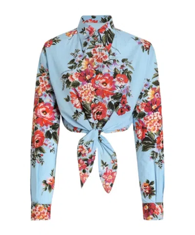 Dolce & Gabbana Floral Shirt Collared Neck Long Sleeves Tie Front In Blue