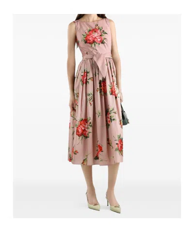 Dolce & Gabbana Abito Midi In Cotone Rosa Con Stampa Fiori Dolce E Gabbana In Pink
