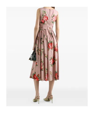 Dolce & Gabbana Abito Midi In Cotone Rosa Con Stampa Fiori Dolce E Gabbana In Pink
