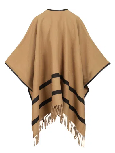 Max Mara Fringed Leather-trimmed Wool-jacquard Cape In Brown