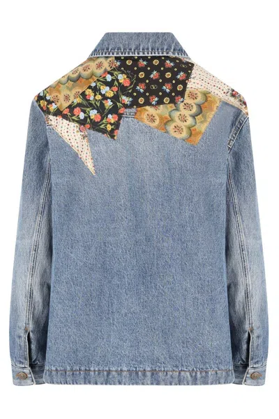 Valentino Denim Jacket Padded Collared Neck Patchwork In Blue