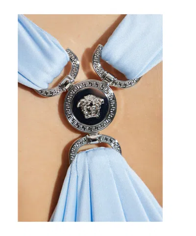 Versace Light Blue Midi Dress With V-neck And Medusa Plaque On The Back In Viscose For Women In Blue