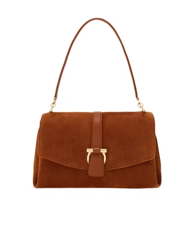 Ferragamo Suede With Gancini Hardware Shoulder Bag In Brown