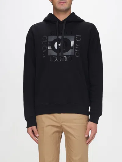 Gucci Men Black Sweatshirt With Hood With Drawstring And Front Logo In Cotton Man In Black