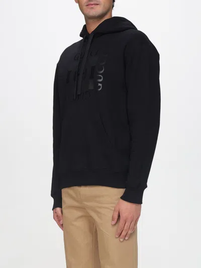 Gucci Men Black Sweatshirt With Hood With Drawstring And Front Logo In Cotton Man In Black