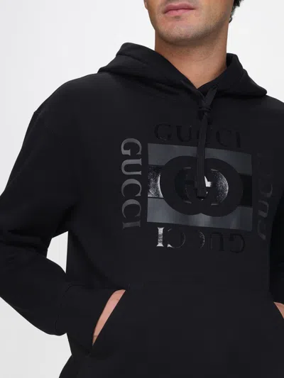 Gucci Men Black Sweatshirt With Hood With Drawstring And Front Logo In Cotton Man In Black