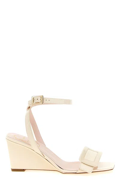 Roger Vivier Belle Vivier 60 Metallic Leather Wedge Sandals In White