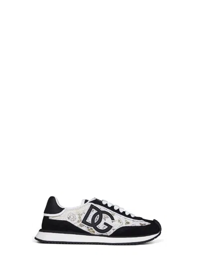 Dolce & Gabbana Dg Cushion White And Black Low Top Sneakers With Logo Print In Mixed Materials Woman