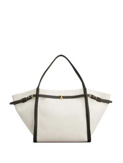 Tod's White Tote Bag With Front Leather Buckled Belt In Cotton Blend Woman