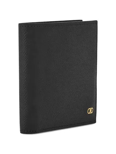 Ferragamo Micro Gancini Black Bi Fold Wallet With Logo In Hammered Leather Man In Black