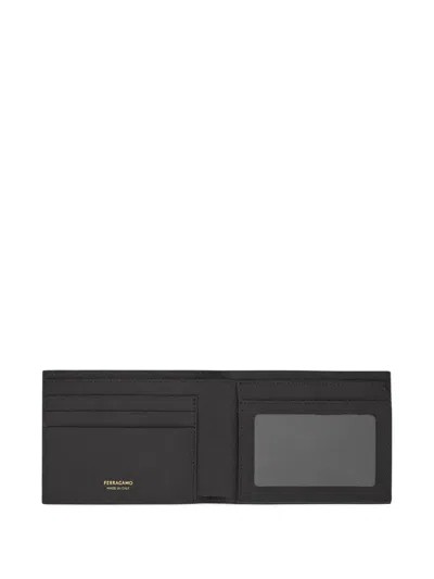 Ferragamo Micro Gancini Black Bi Fold Wallet With Logo In Hammered Leather Man In Black