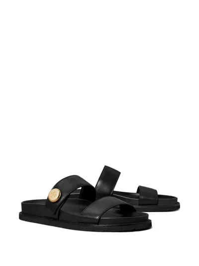 Tory Burch Romy Leather Double Strap Slide Sandals In Black