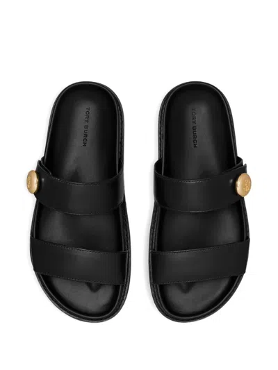 Tory Burch Romy Leather Double Strap Slide Sandals In Black