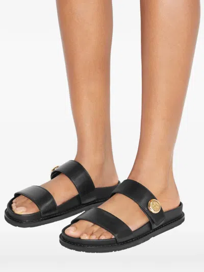 Tory Burch Romy Leather Double Strap Slide Sandals In Black