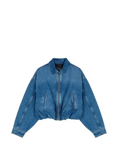 Maje Womens Blue Collared Elasticated-hem Denim Bomber Jacket In Blue