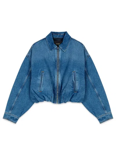 Maje Womens Blue Collared Elasticated-hem Denim Bomber Jacket In Blue