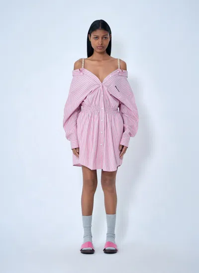Miu Miu Elasticated Waistband Striped Shirt Mini Dress Clothing In Pink