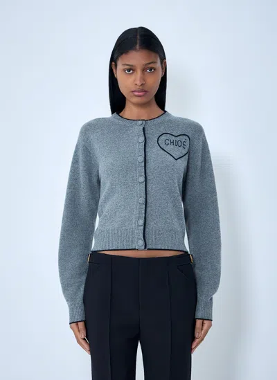 Chloé Fitted Cardigan With Logo In Wool And Cashmere Knit In Gray