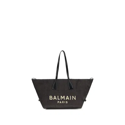 Balmain Women Track Shoulder Bag In Leather And Raffia In Black