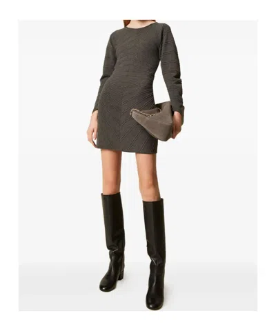 Twinset Short Knit Dress With Stitch Pattern In Green