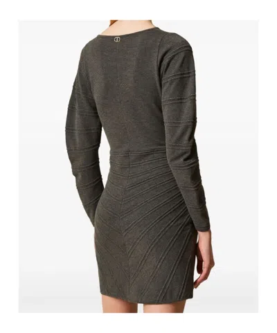 Twinset Short Knit Dress With Stitch Pattern In Green