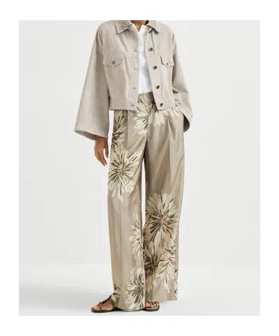 Brunello Cucinelli Elegant Silk Trousers With Stamped Floral Design In Animal Print