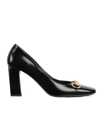 Gucci Signora Pumps Block Heel Gold Tone Hardware In Black