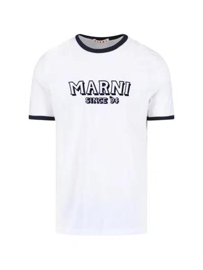 Marni Crew Neck T-shirt With Front Logo And Ribbed Accents In White