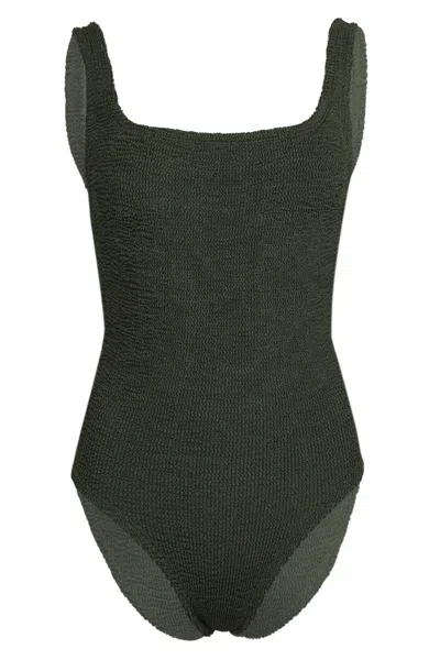 Hunza G Womens Square-neck Seersucker Swimsuit Metallic Khak In Green